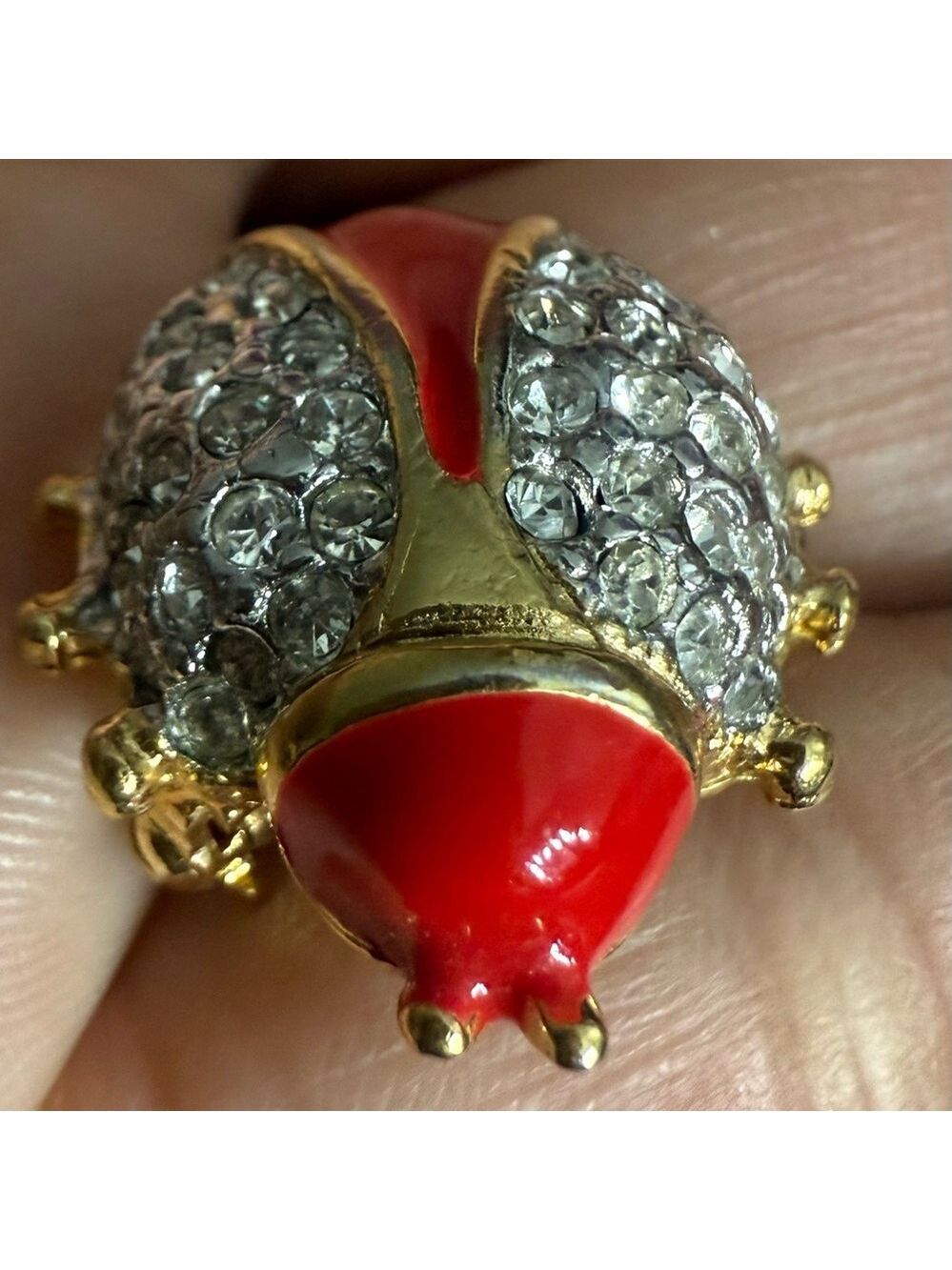 Vintage Lady Bug Brooch Goldtone Rhinestone Enamel Small Vintage 90s - Picture 2 of 3